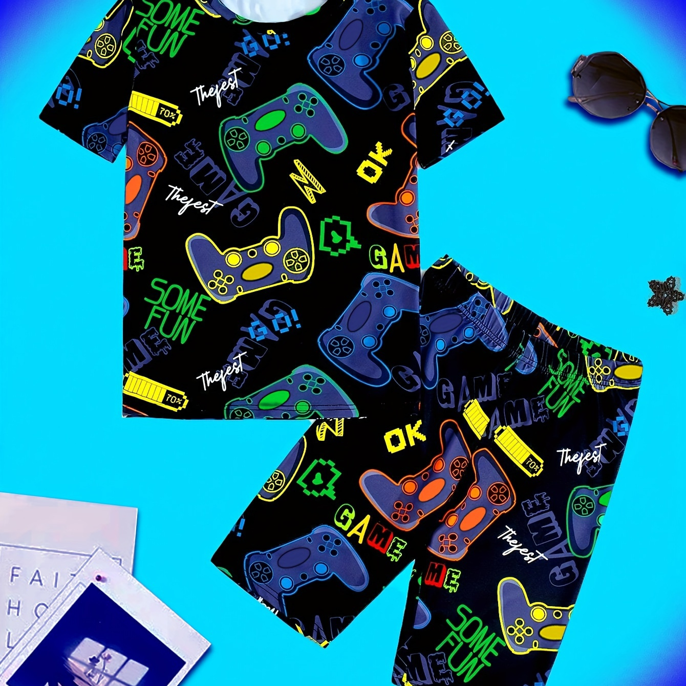 

2 Pcs Boys Cute Pajama Sets, Game Controller & Letter Print Short Sleeve T-shirts & Shorts, Comfortable & Cute Style Pajamas For Boys Cozy Loungewear