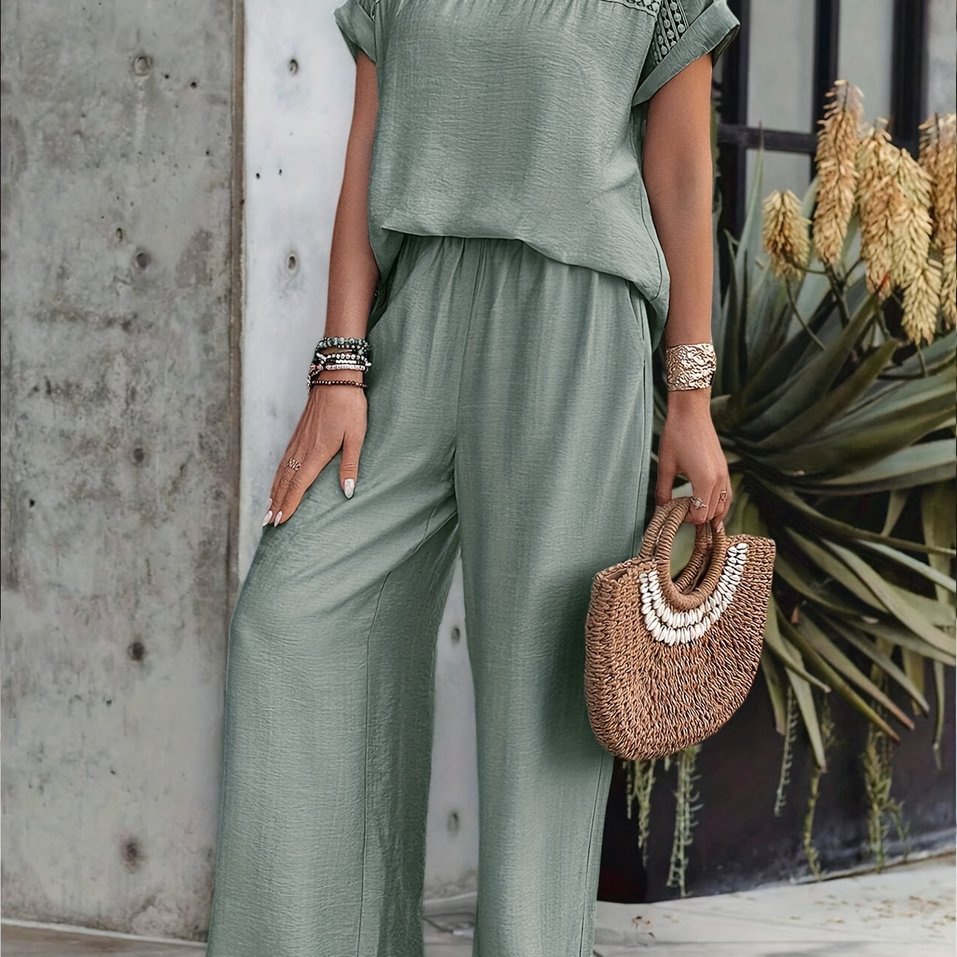 

Elegant Solid Color Pants Set, Lace Splicing Hollow Out Top & Wide Leg Loose Pants For Spring & Summer, Women's Clothing