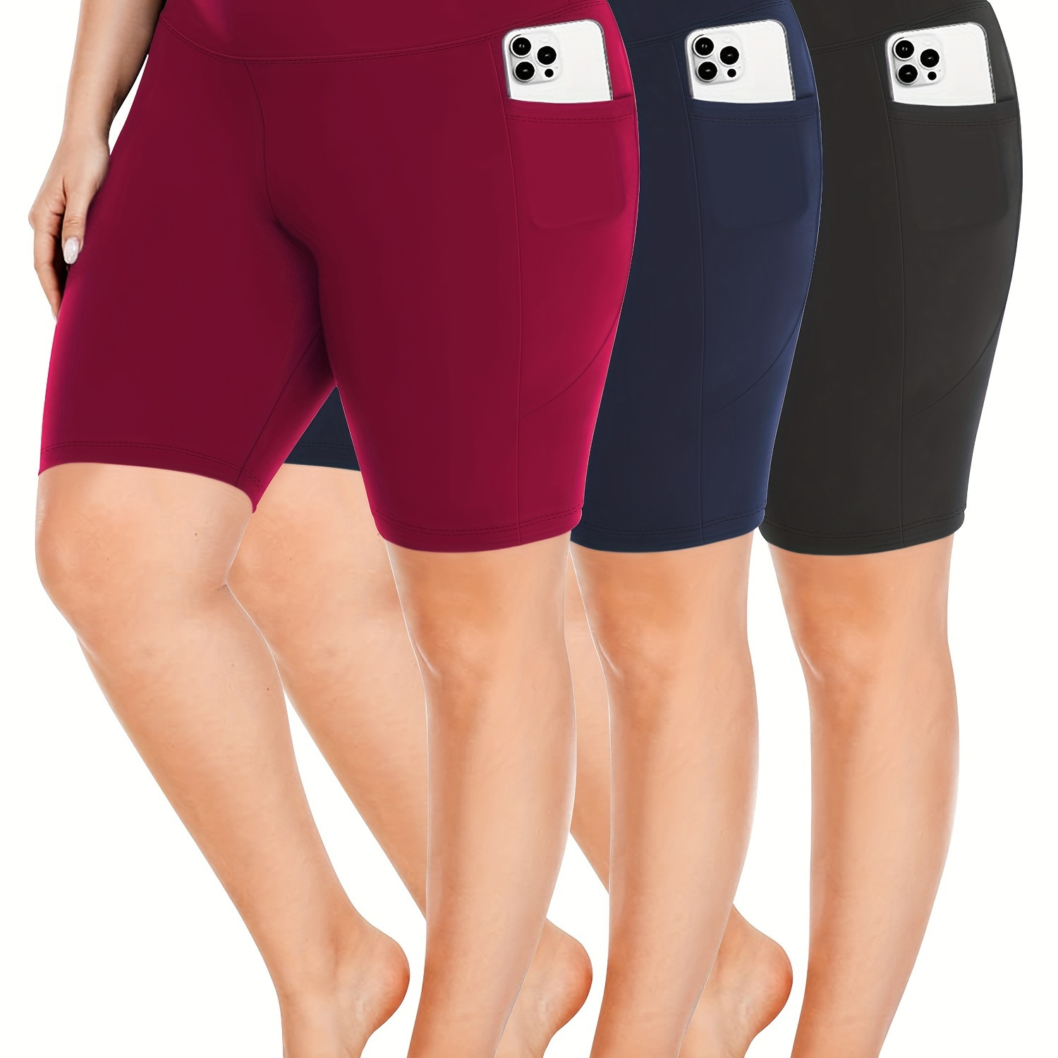 

3pcs Plus Size High-waist Crescent Pocket Shorts - Stretchy & Breathable Polyester , Mid-thigh Length With Waistband For Comfortable Summer Wear, Plus Size Shorts