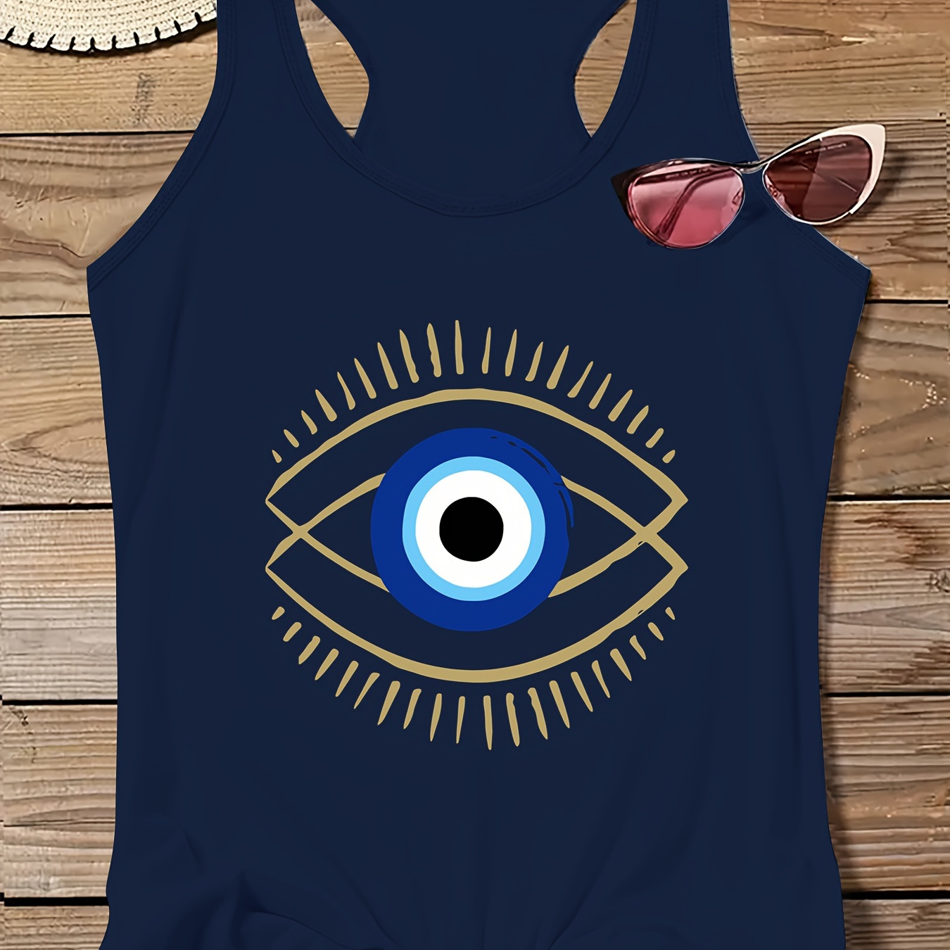 

Plus Size Eye Print Tank Top, Casual Crew Neck Sleeveless Tank Top For Summer, Women's Plus Size clothing