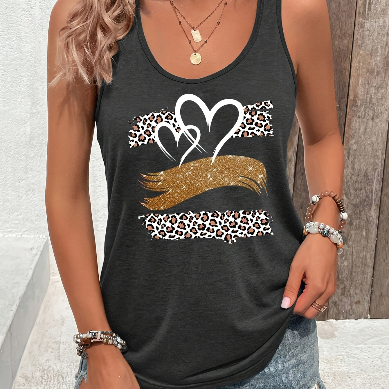 

Heart Print Tank Top, Casual Sleeveless Crew Neck Fitted Top, Women's Clothing