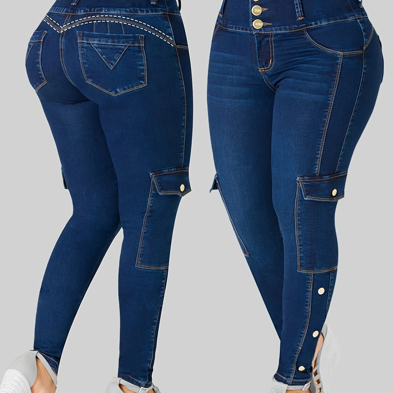 TEMU Women's Stretch Fashionable Mid Fit Small Leg Jeans, 3 Button Waistband, All Season, Comfortable Material, Solid Color, Machine Washable, Daily Home, Outdoor Sports, Street Wear