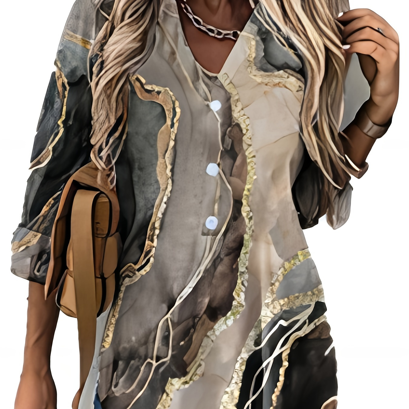 

Marble Print Button Front Blouse, Casual V Neck Blouse For Spring & Summer, Women's Clothing