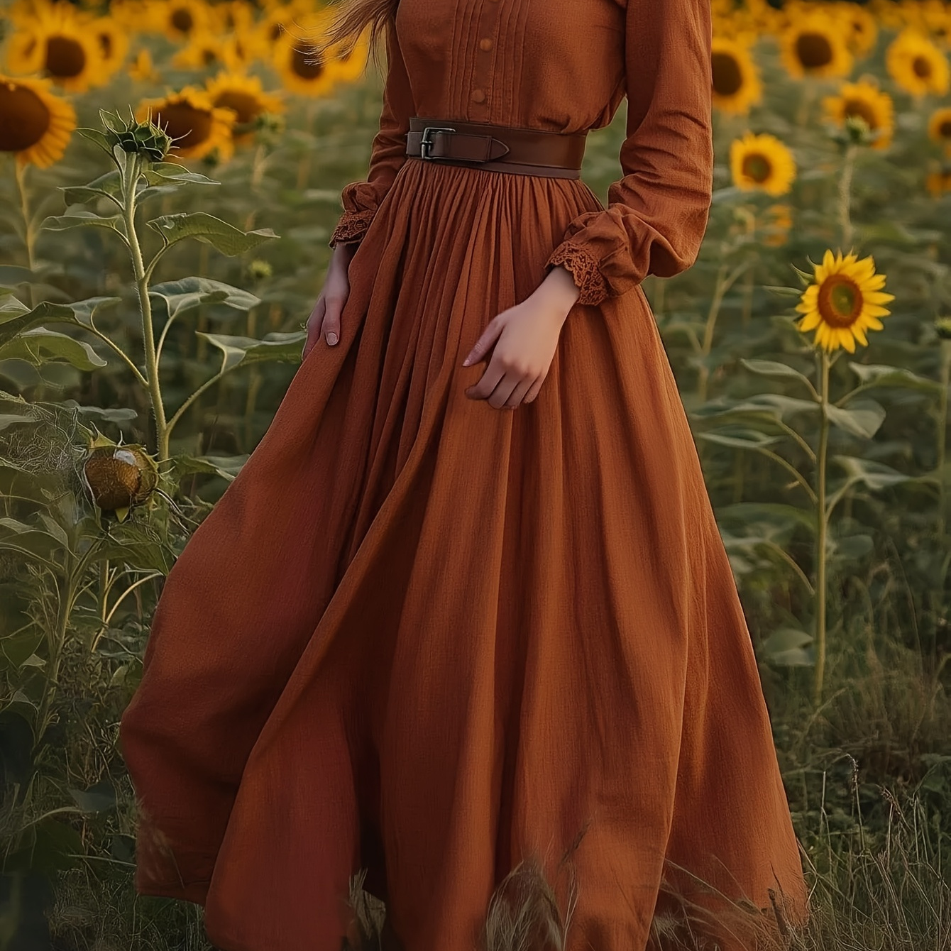 Rochie elegantă unicoloră pentru toate sezoanele cu nasturi decorativi, guler mic înalt, mâneci lungi și decor cu pliuri din material pentru femei, lungime mare, fără curea inclusă YT