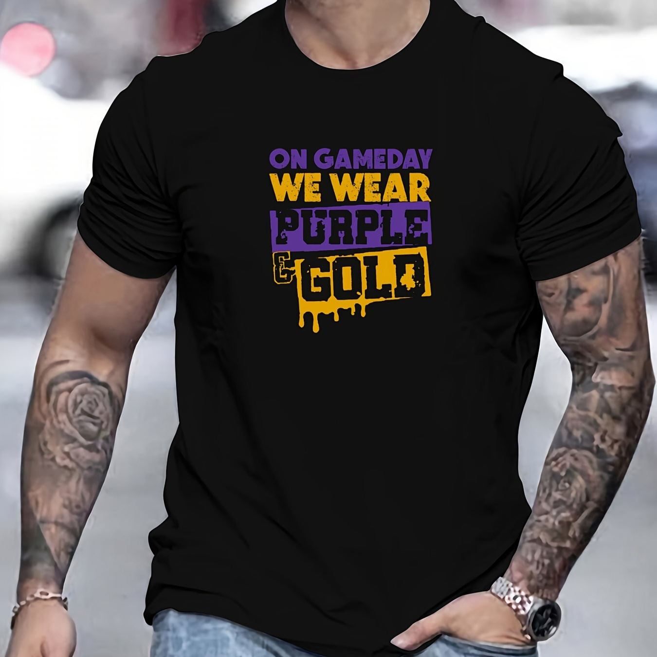 

Men's Purple & Golden Graphic Tee - Casual Cotton Crew Neck T-shirt For Summer