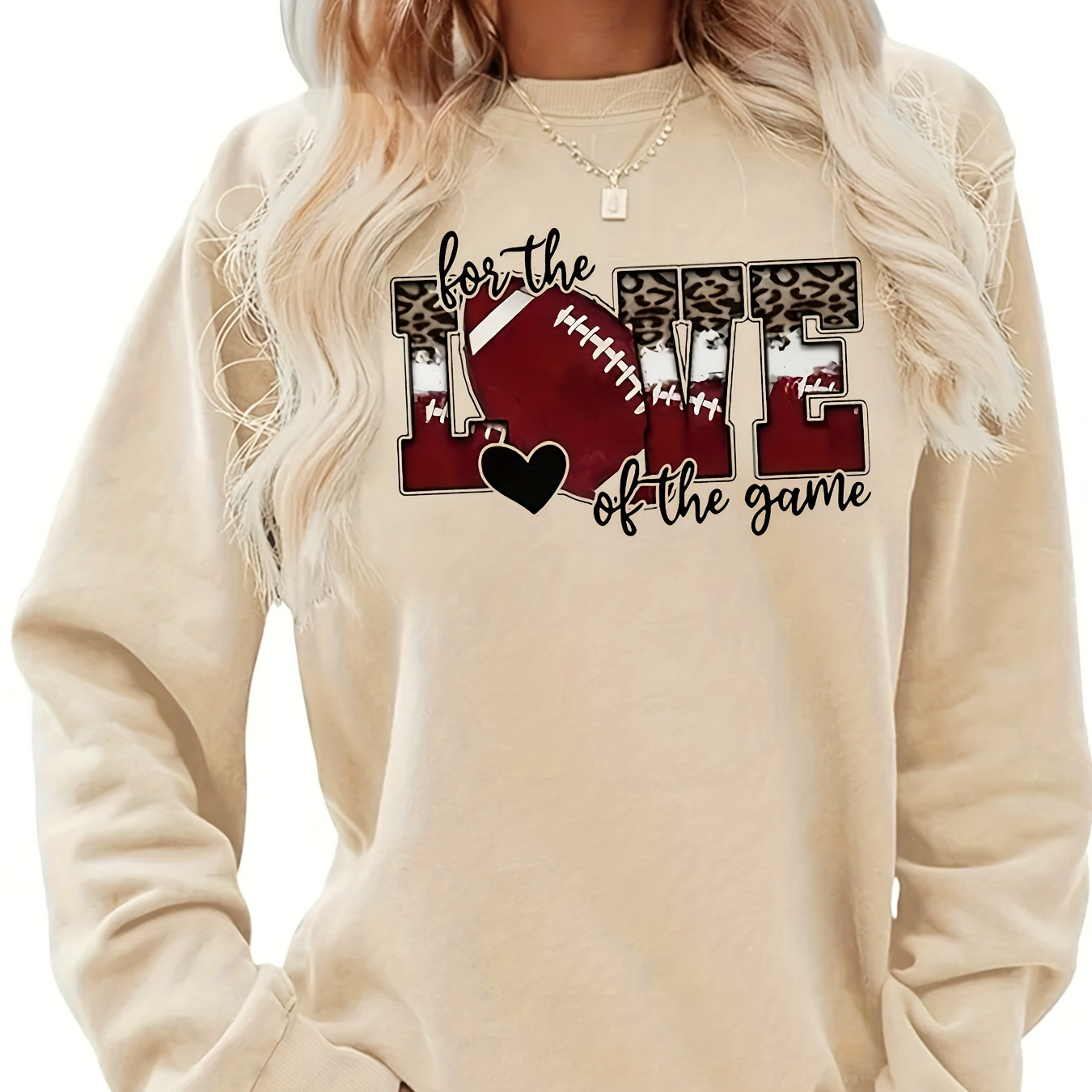 

Football Print Sweatshirt, Crew Neck Casual Sweatshirt For Fall & Spring, Women's Clothing