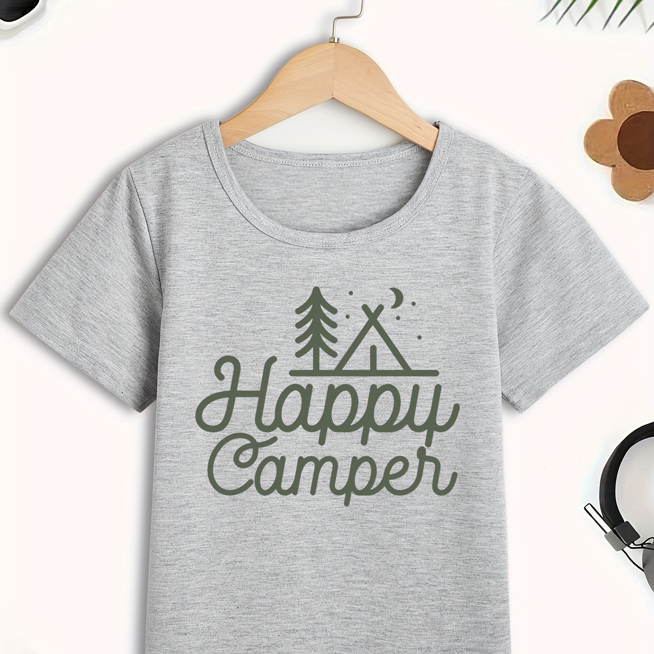 

Happy Camper & House With Tree Graphic Print Tee, Girls' Casual & Stylish Short Sleeve Crew Neck T-shirt For Spring & Summer, Girls' Clothes
