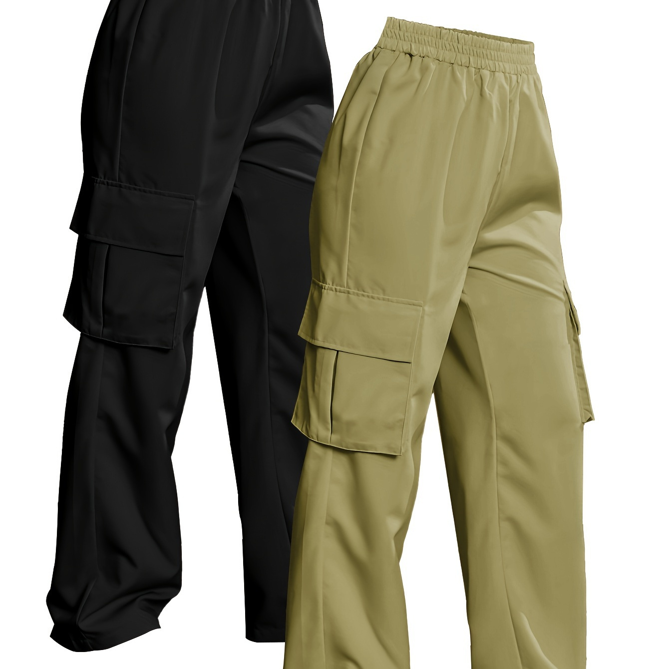 

Solid Color Cargo Pants 2 Packs, Casual Elastic Waist Wide Leg Flap Pockets Pants, Women's Clothing