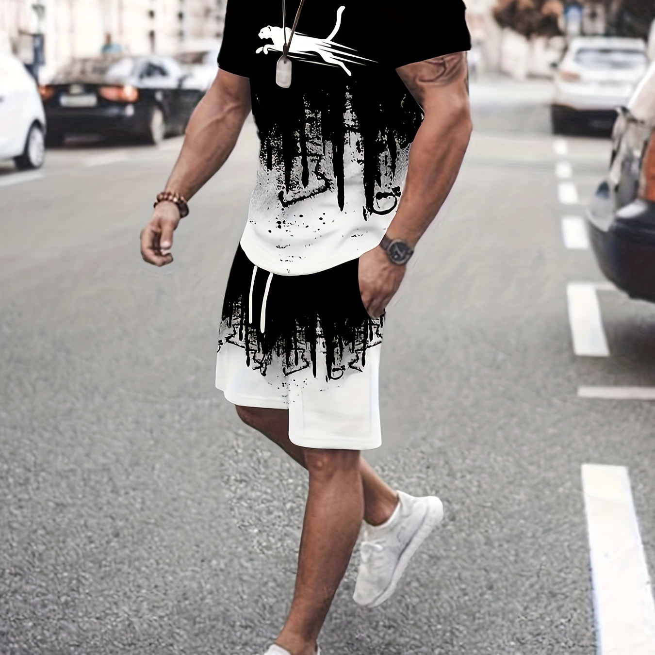 

Running Graphic Print Men's Casual Two-piece Set, Crew Neck Short Sleeve T-shirt & Drawstring Shorts With Pockets, Breathable And Soft Outfits For Summer Outdoor Sports
