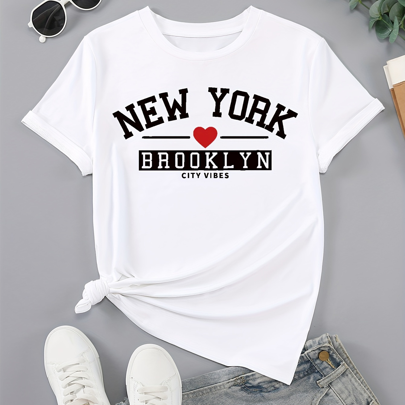 

New York Print Crew Neck T-shirt, Casual Short Sleeve Top For Spring & Summer, Women's Clothing