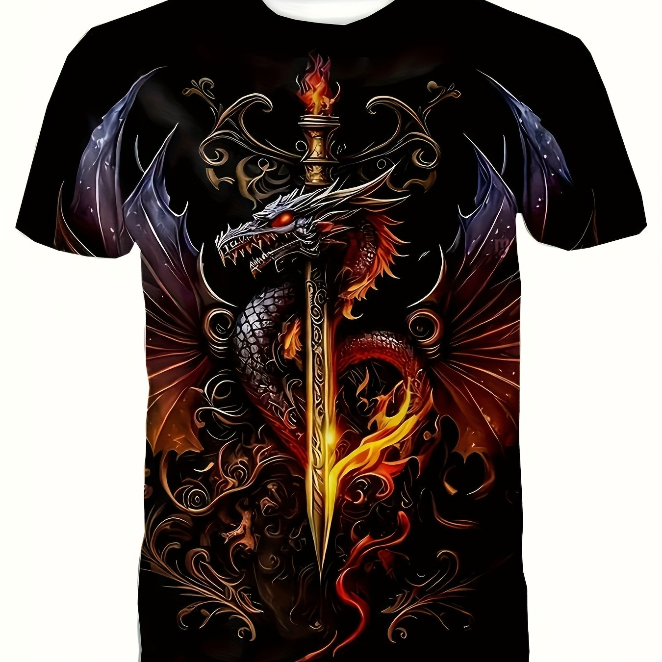 

Men's Plus Size Dragon Print T-shirt - Breathable Polyester & Spandex , Crew Neck, Short Sleeve, Casual Summer Tee With Unique Sword Graphic Design, Machine Washable - Outdoor Activities, Plus Size