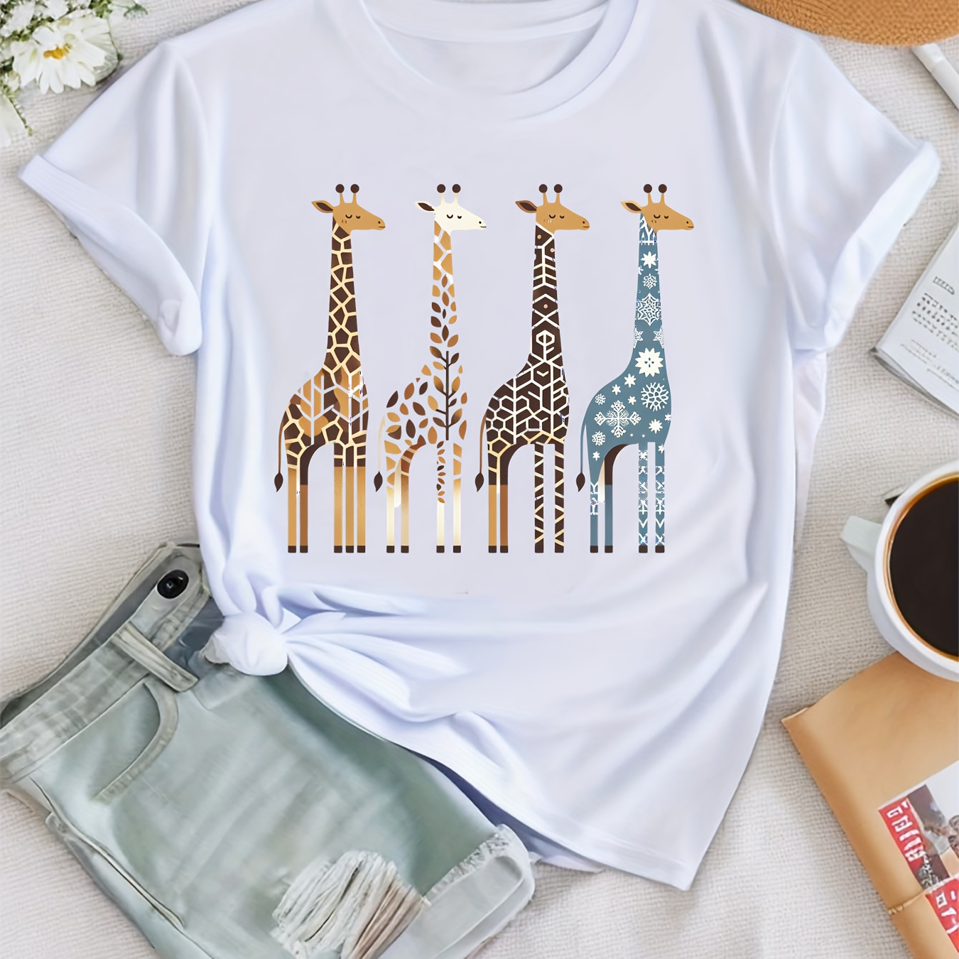 

Giraffe Graphic Print T-shirt, Short Sleeve Crew Neck Casual Top For Summer & Spring, Women's Clothing