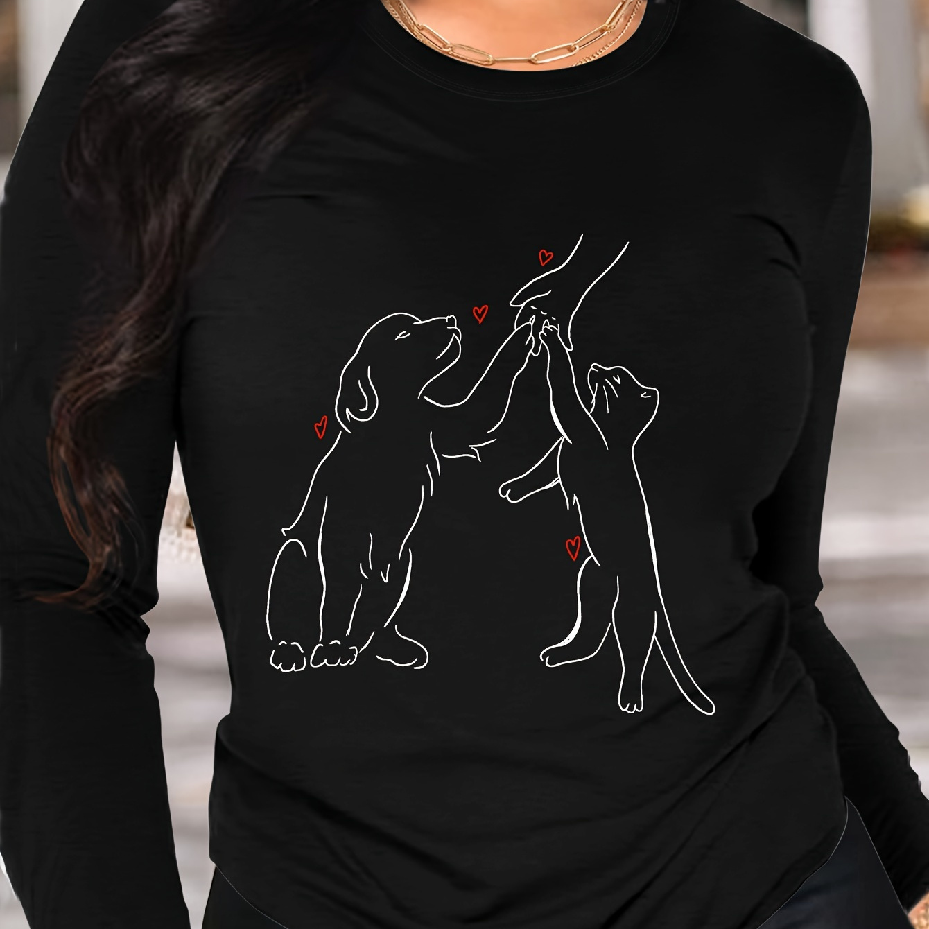 

Dog Friendship Print T-shirt, Long Sleeve Crew Neck Casual Top For Spring & Fall, Women's Clothing