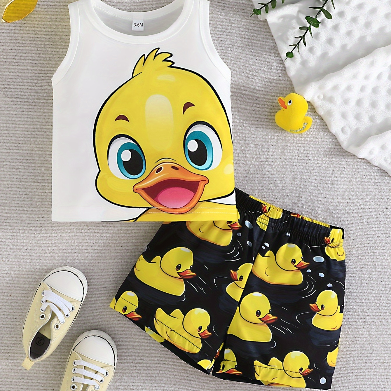 

Baby Boys Cute Duck Pattern Outfit, Sleeveless Top & Shorts Set, Comfort Casual Summer Outfit