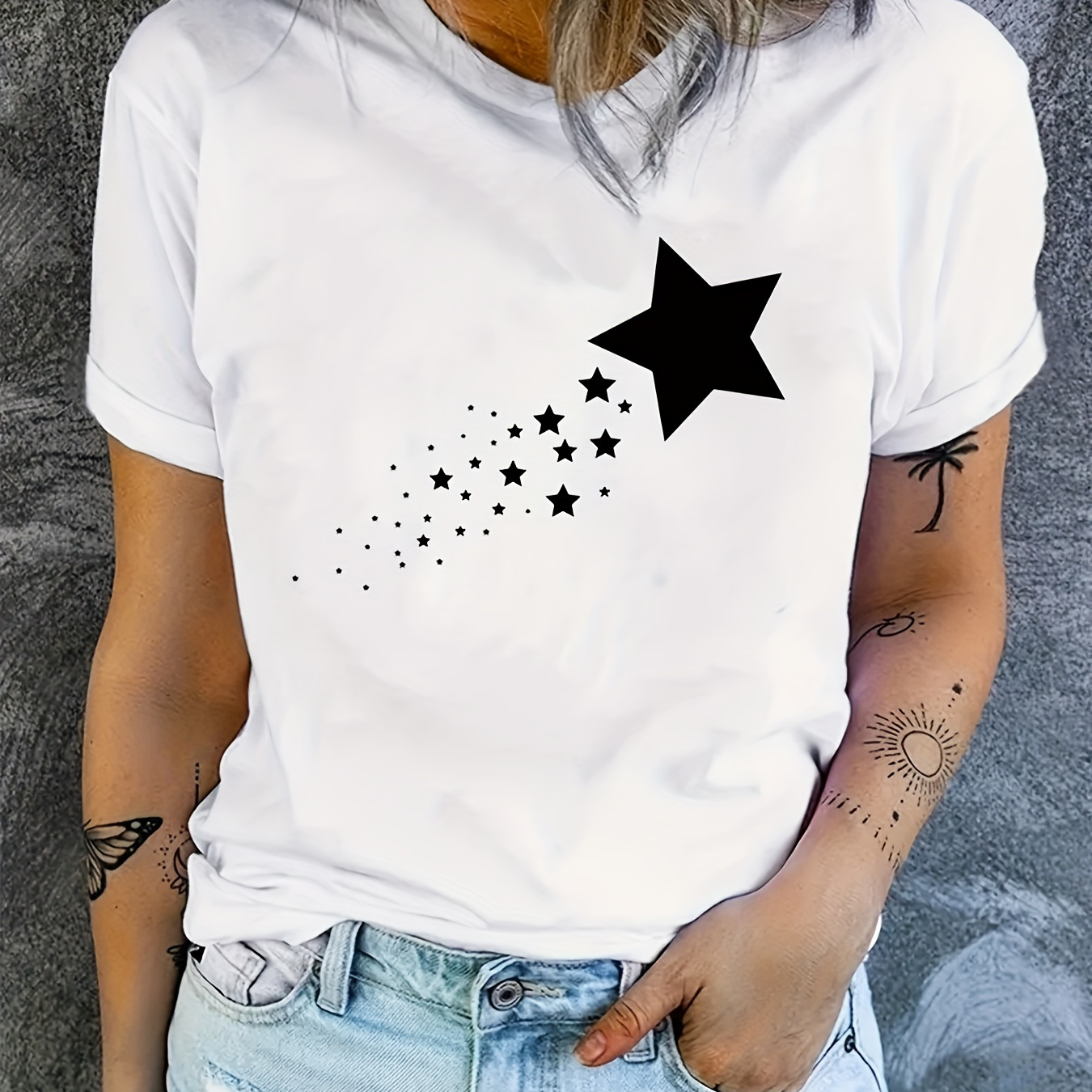 

Star Print T-shirt, Short Sleeve Crew Neck Casual Top For Summer & Spring, Women's Clothing