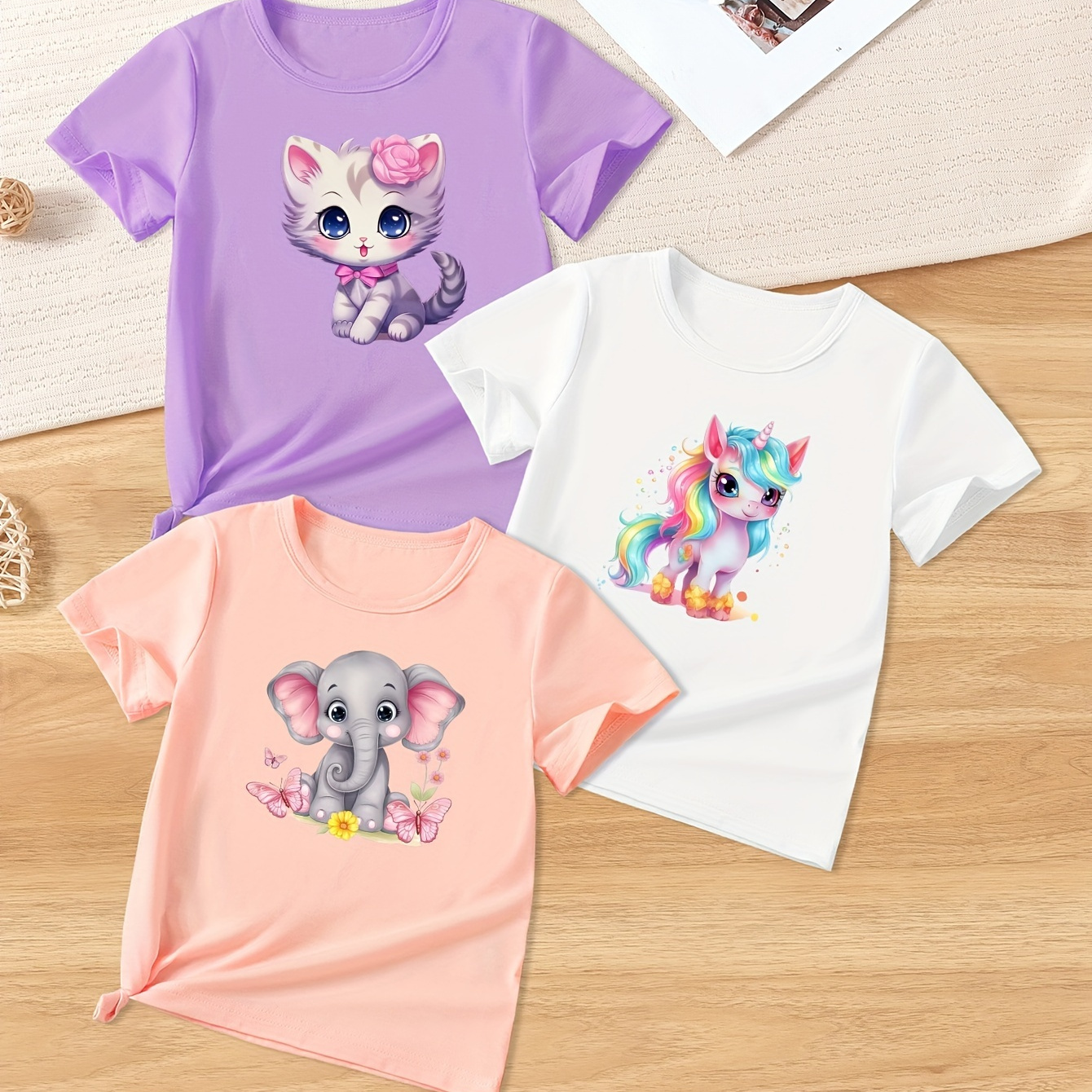 

Cute Cartoon Cat/elephant/unicorn Graphic Print, Girls' 3pcs/set Casual Comfy Crew Neck Short Sleeve T-shirt For Spring And Summer, Girls' Clothes For Everyday Life