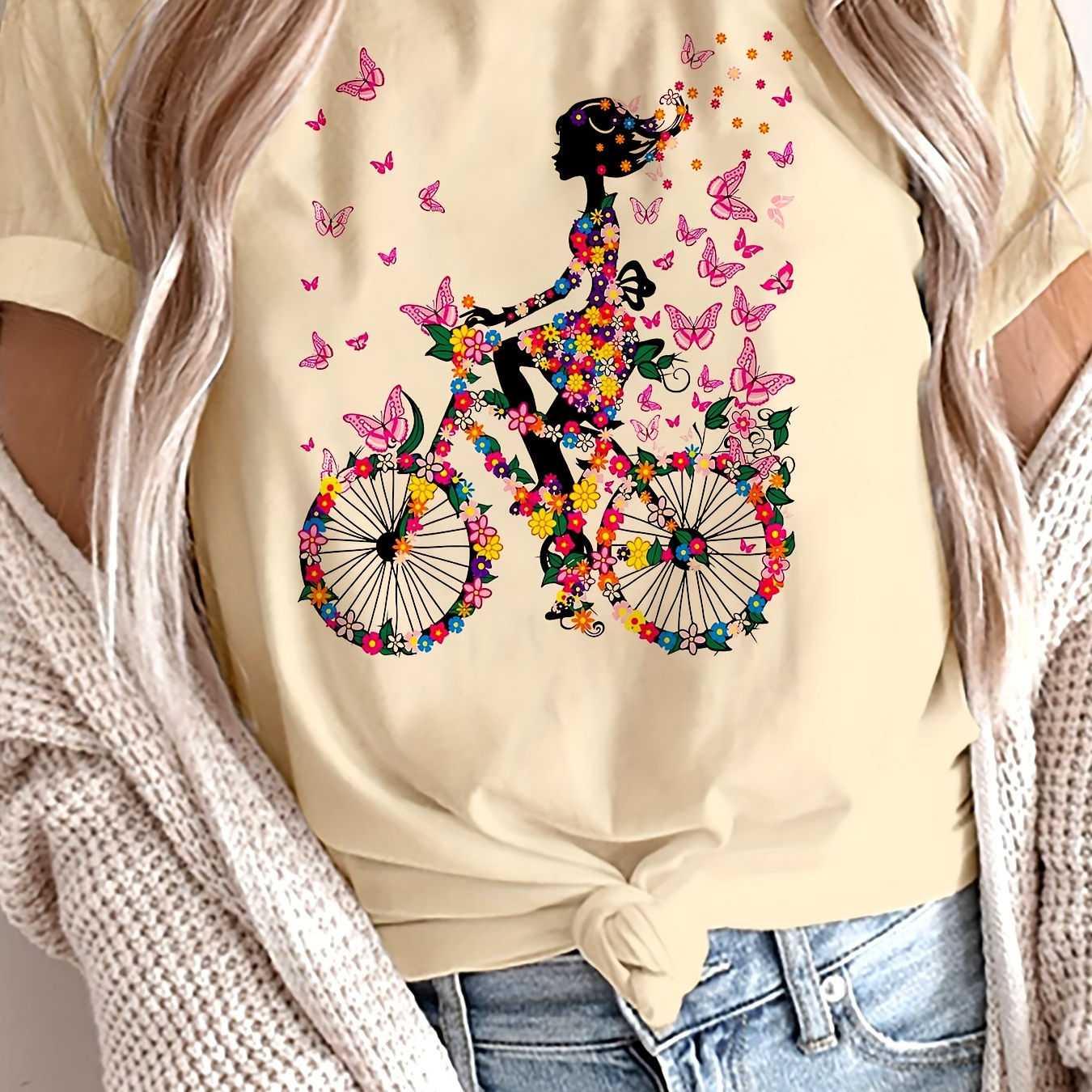 

Bicycle Print T-shirt, Casual Short Sleeve Crew Neck Top For Spring & Summer, Women's Clothing