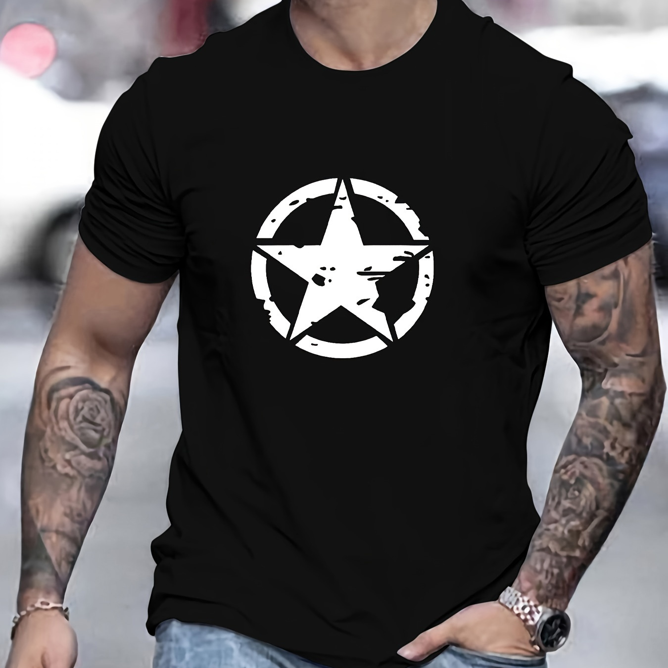 

Star Logo Graphic Print, Men's Novel Graphic Design T-shirt, Casual Comfy Tees For Summer, Men's Clothing Tops For Daily Activities