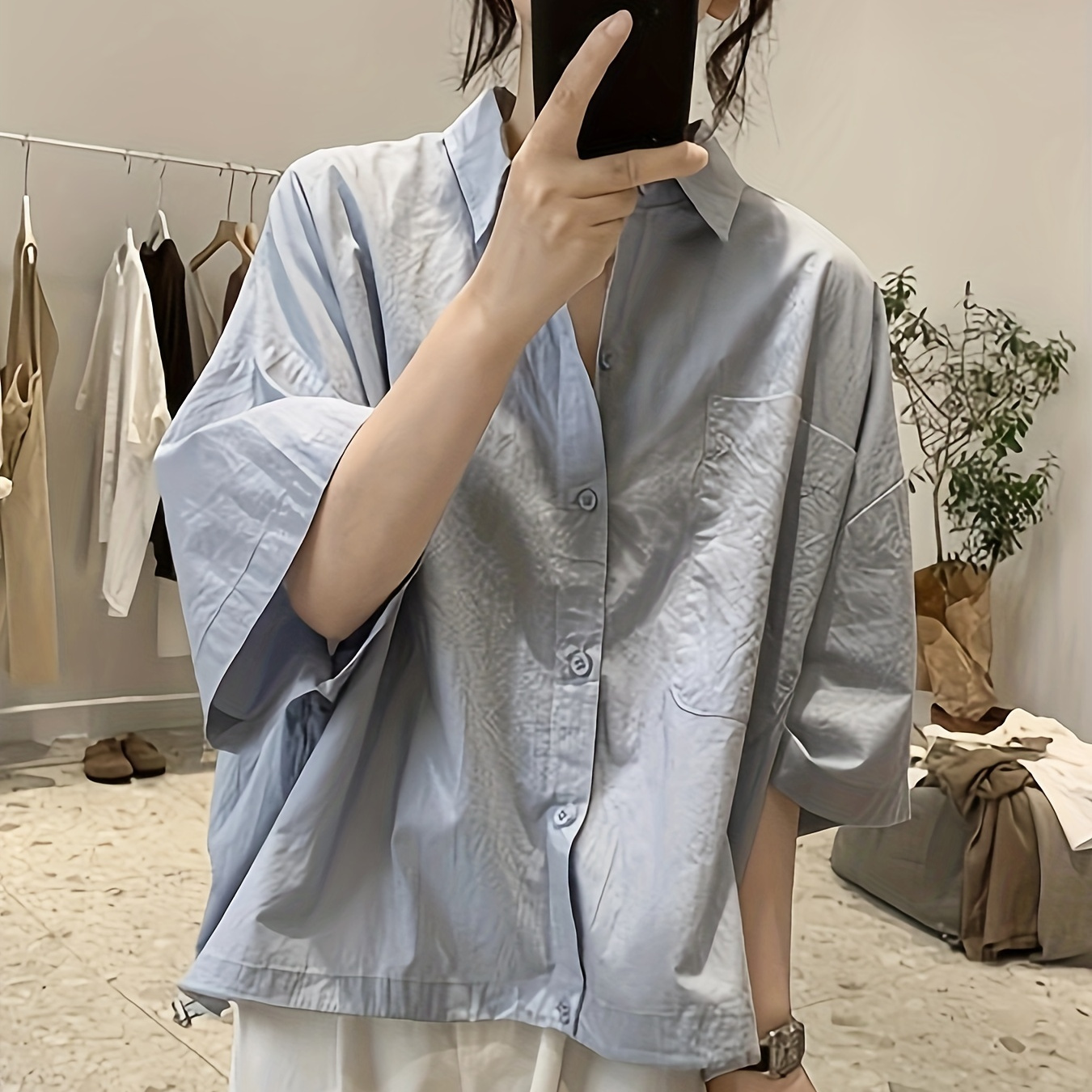 

Button Front Half Sleeve Blouse, Casual Loose Pocket Blouse For Spring & Summer, Women's Clothing