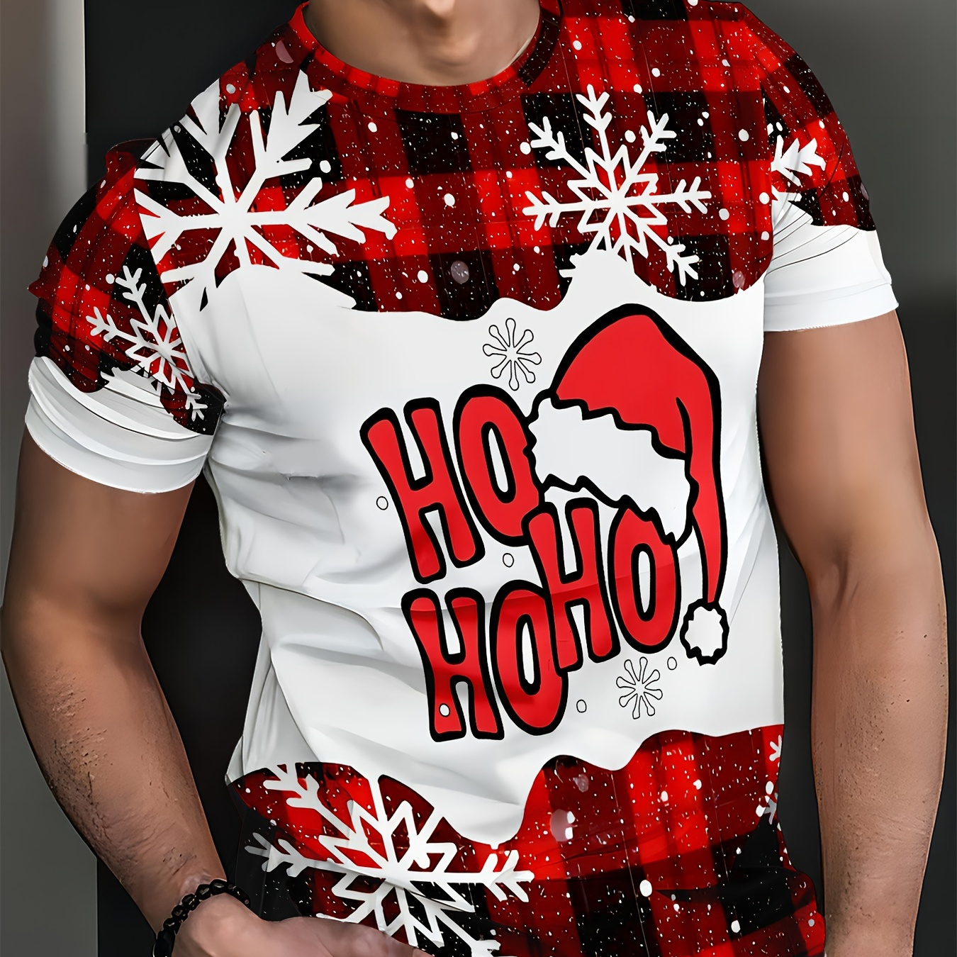 

Men' Christmas Short Sleeve T-shirt - , Round Neck, Slightly Stretchy, Solid Pattern, Loose Fit, Knitted Polyester Fabric