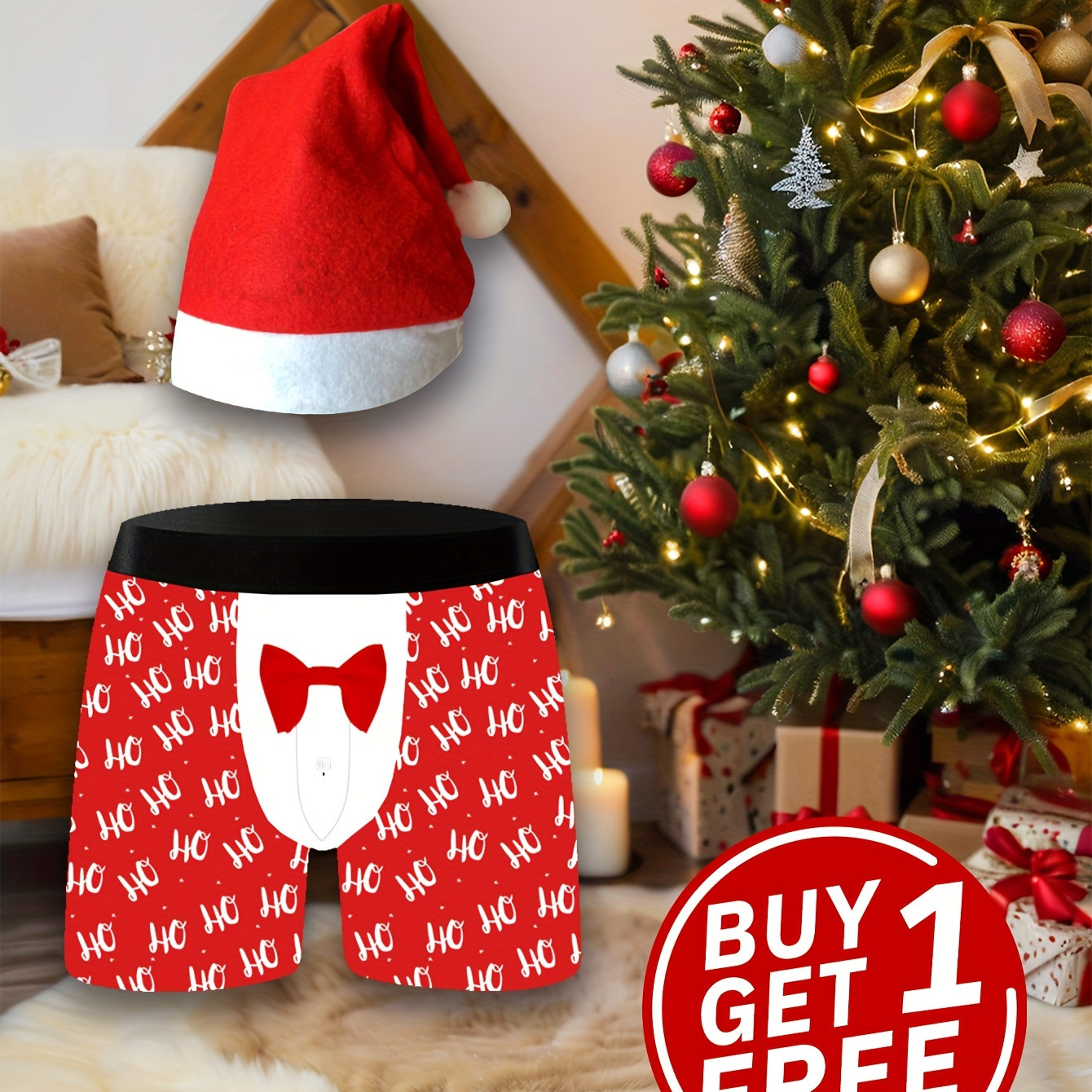 

Christmas - Christmas Bow Letter Briefs & Free Hat - & - Drying & Underwear