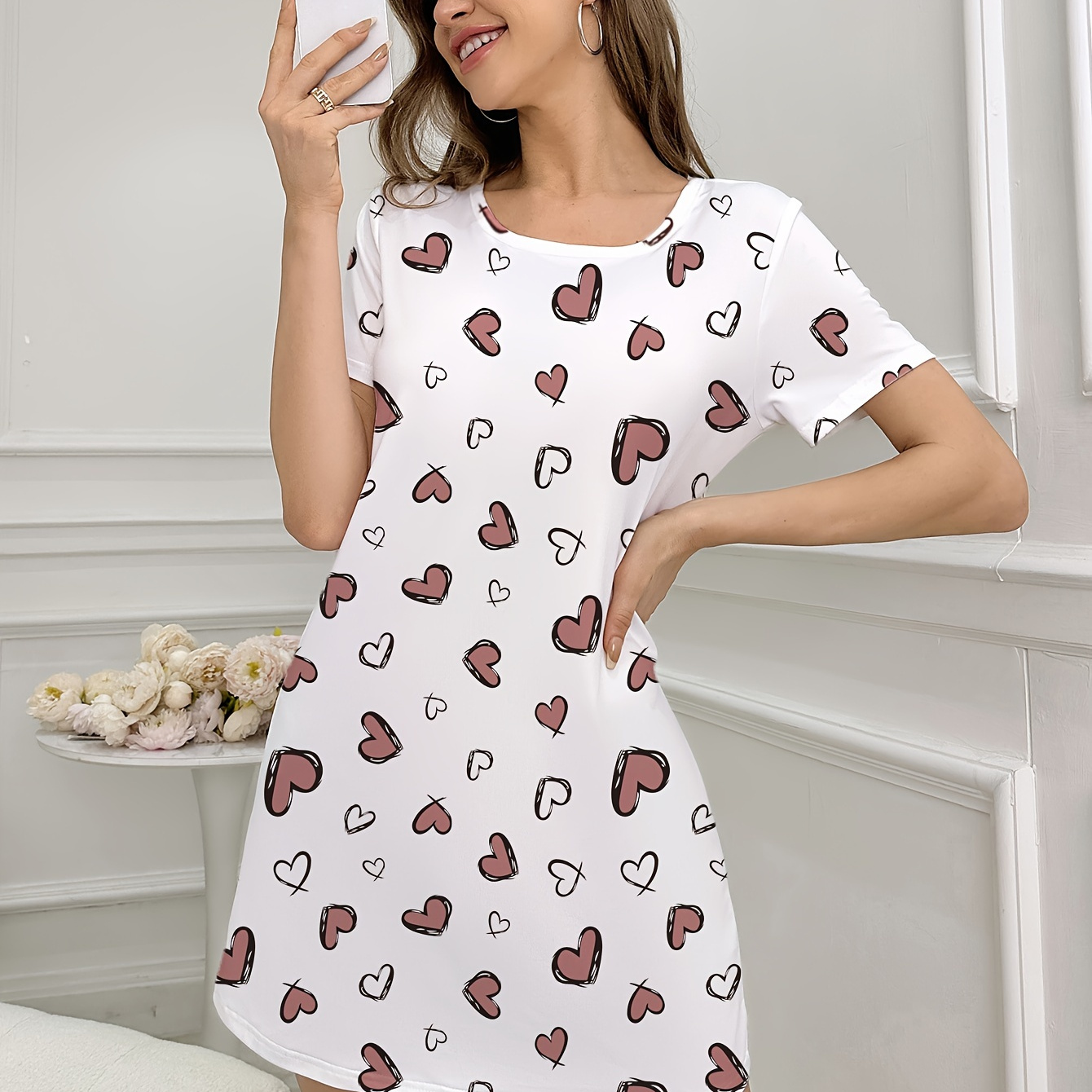 

Heart Print Nightgown, Casual Short Sleeve Round Neck Loose Fit Dress, Women's Sleepwear