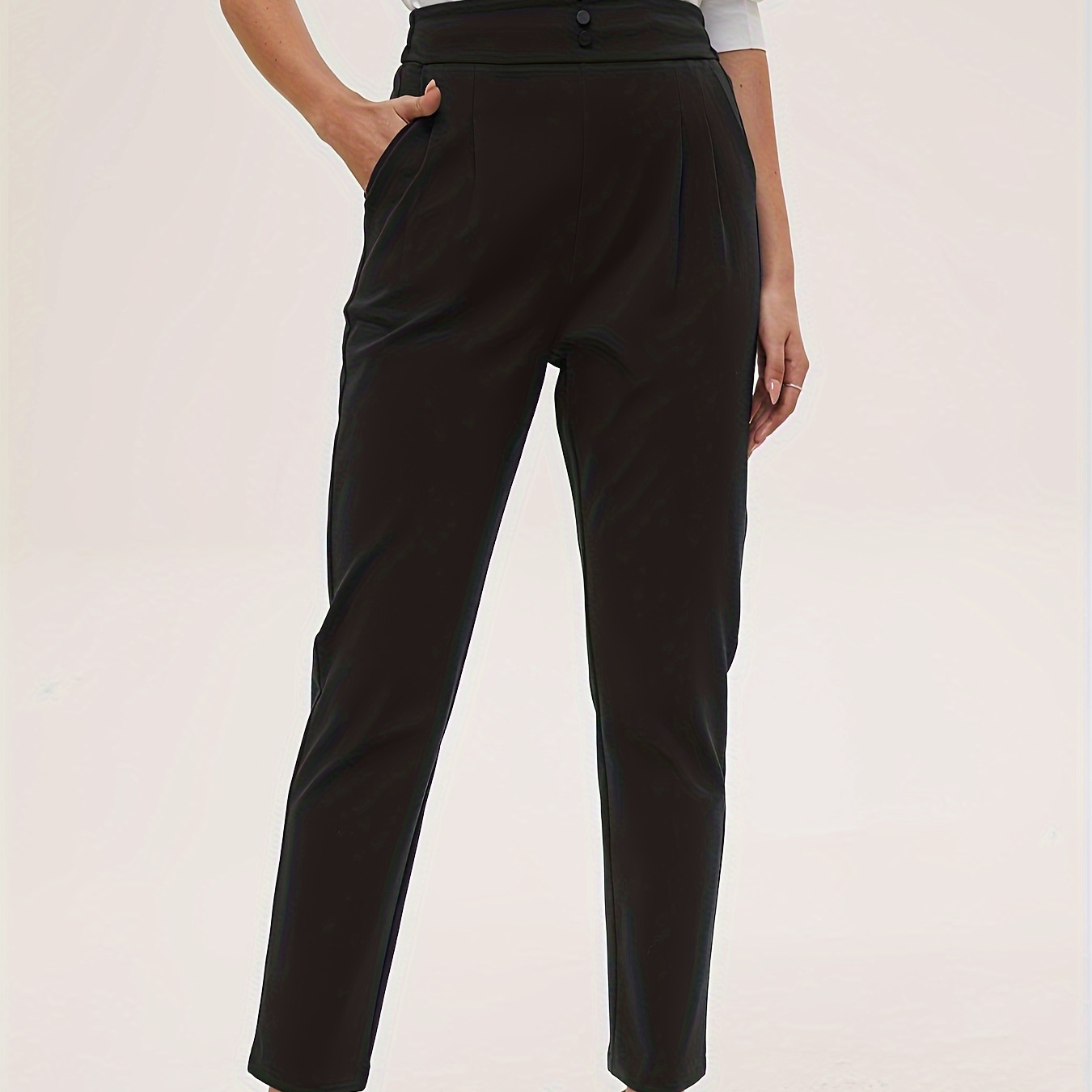 

Pantalon Droit Décontracté Taille Haute pour Femme - Couleur Unie Noire Polyvalente, Taille Élastique, Mélange de Polyester, Lavable en Machine, Pantalon Long avec Poches, Leggings Taille Haute