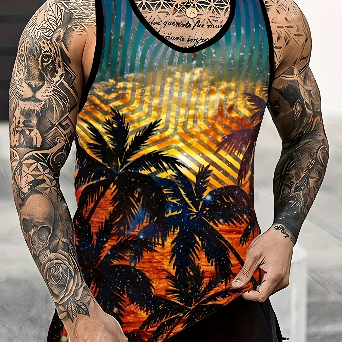 

Men's Trendy Crew Neck Graphic Tank Top With Fancy Tropical Palm Tree Print, Vacation Style For Summer Wear