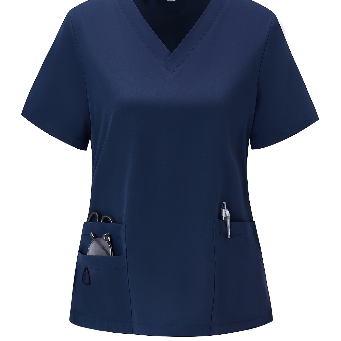 

Short Sleeve Stretchy V-neck Top, Patched Pockets Comfortable & Care Uniform For Nurse, Women's Clothing