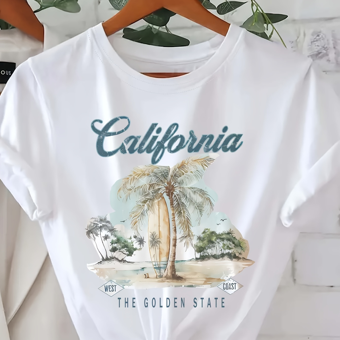

Plant Print T-shirt, Short Sleeve Crew Neck Casual Top For Summer & Spring, Women's Clothing