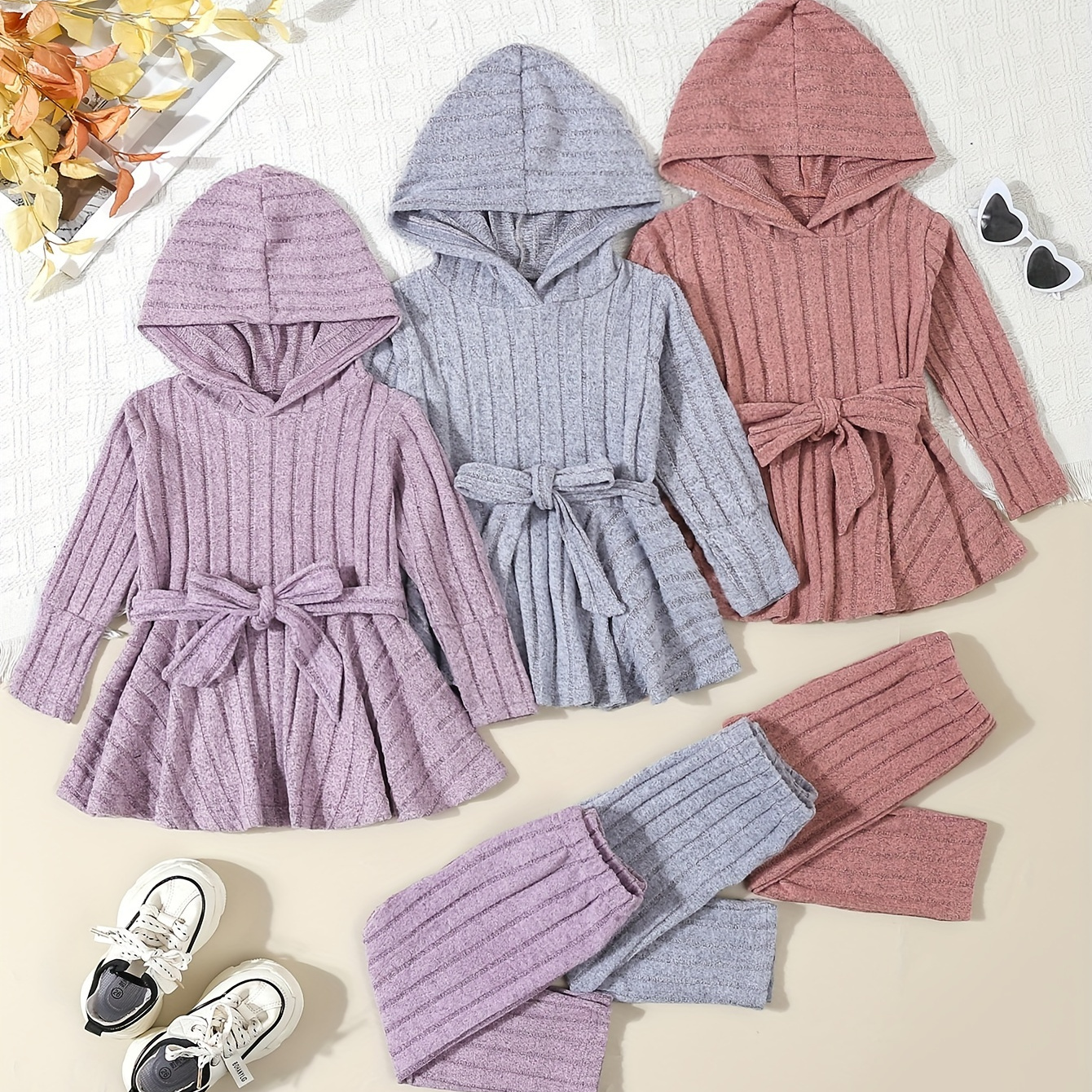 

3pcs Baby Girl Trousers Set, Brushed Ribbed Belt, Hooded Dress Top & Slim Fit Elastic Waistband, Soft And Comfortable, Suitable For Daily Outings