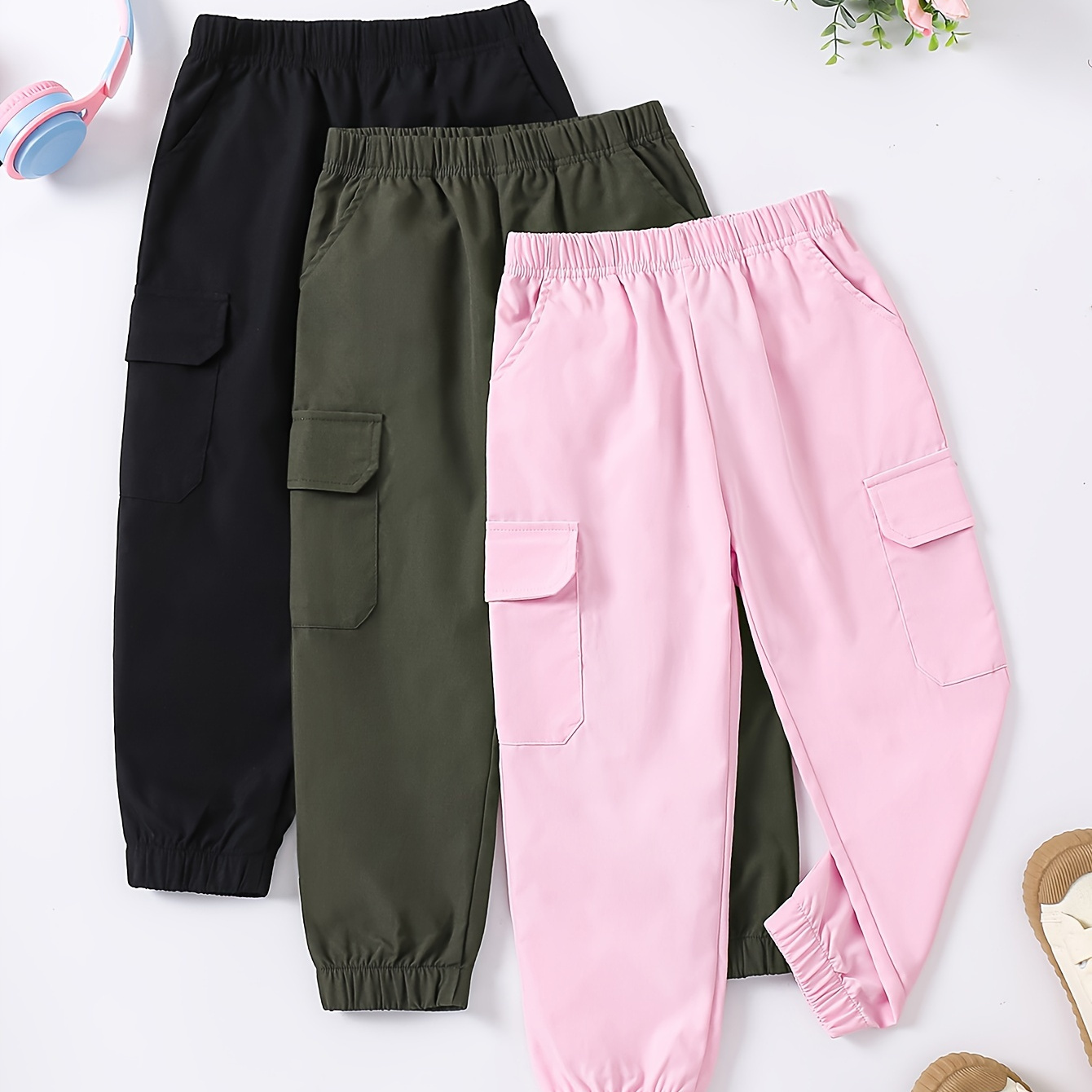 

Girls 3-piece Casual & Trendy Solid Colored Cargo Pants With Flap Pockets Set For Spring & Fall