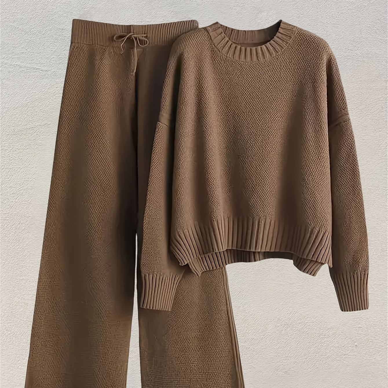 

Women's Casual Knit Sweater Set With Slit Hem And Drawstring Waist Pants, Long Sleeve Round Neck Pullover - Polyester