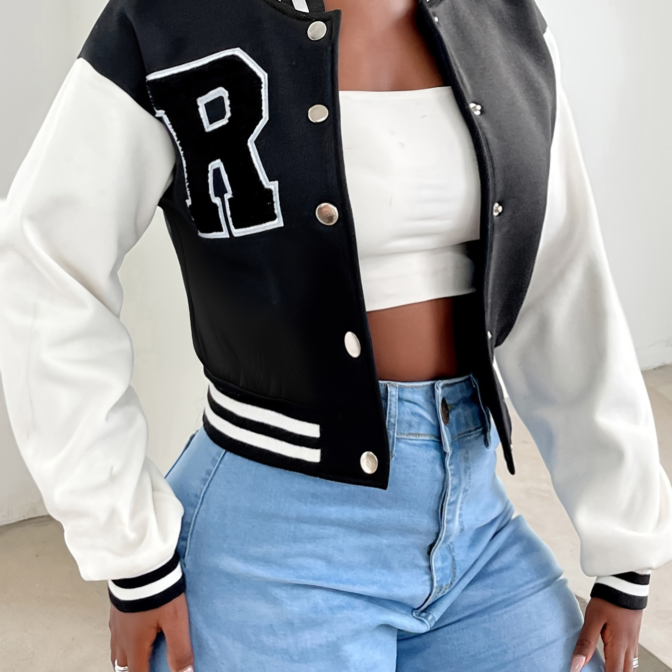 

R Pattern Button Up Crop Bomber Jacket, Preppy Long Sleeve Jacket For Fall & Winter, Women's Clothing