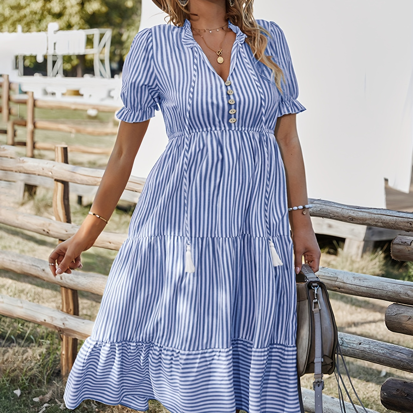 

Plus Size Stripe Print Tiered Dress, Elegant Puff Sleeve Button Front Tie Neck Cinched Waist Dress For Spring & Summer, Women's Plus Size Clothing