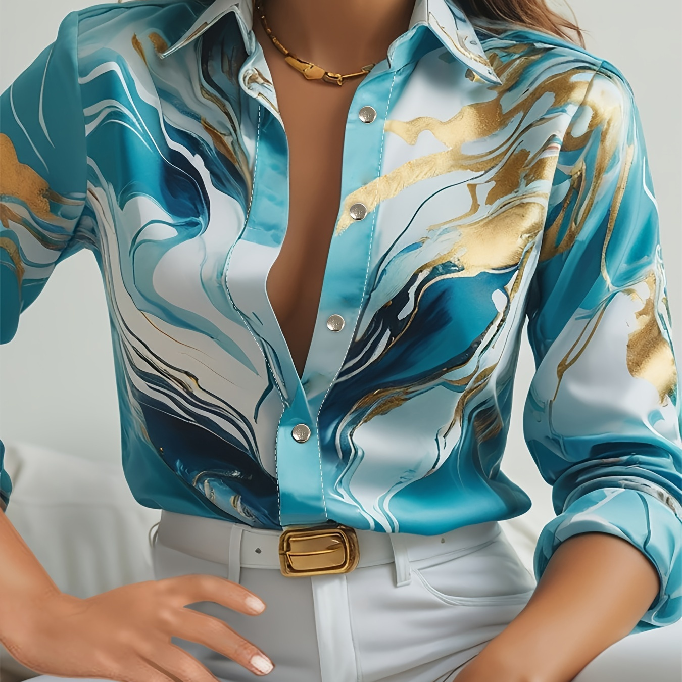 

Allover Print Lapel Neck Blouse, Casual Button Front Long Sleeve Blouse For Spring & Fall, Women's Clothing