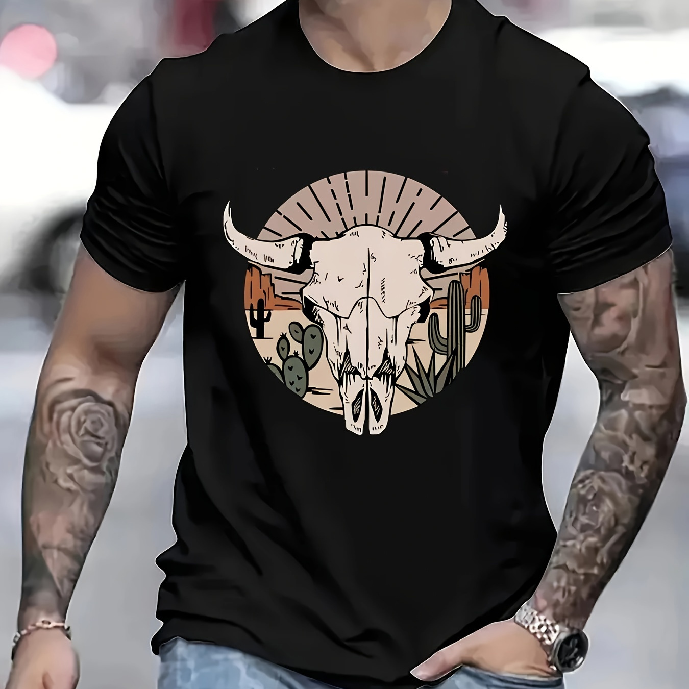 

Bull Head Graphic Men's Short Sleeve T-shirt, Comfy Stretchy Trendy Tees For Summer, Casual Daily Style Fashion Clothing