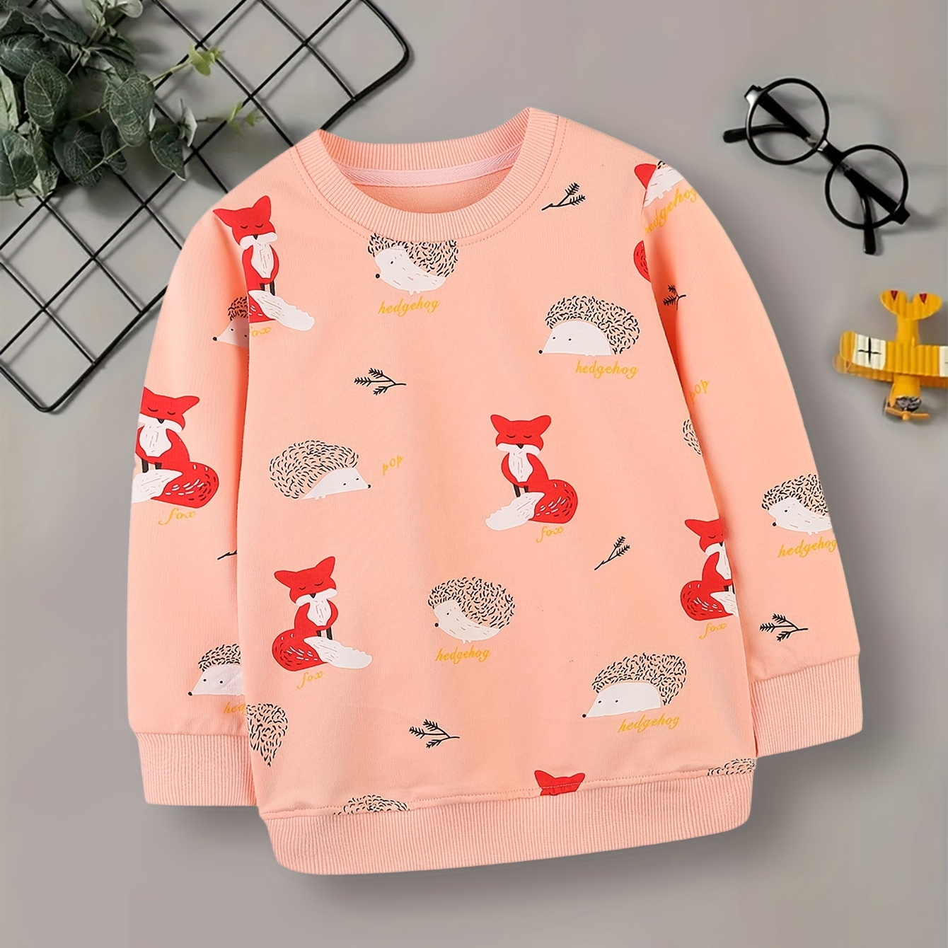 

Young Girls Cute Hedgehog & Fox Cartoon Print Cotton Comfy Round Neck Casual Tops For Spring And Fall