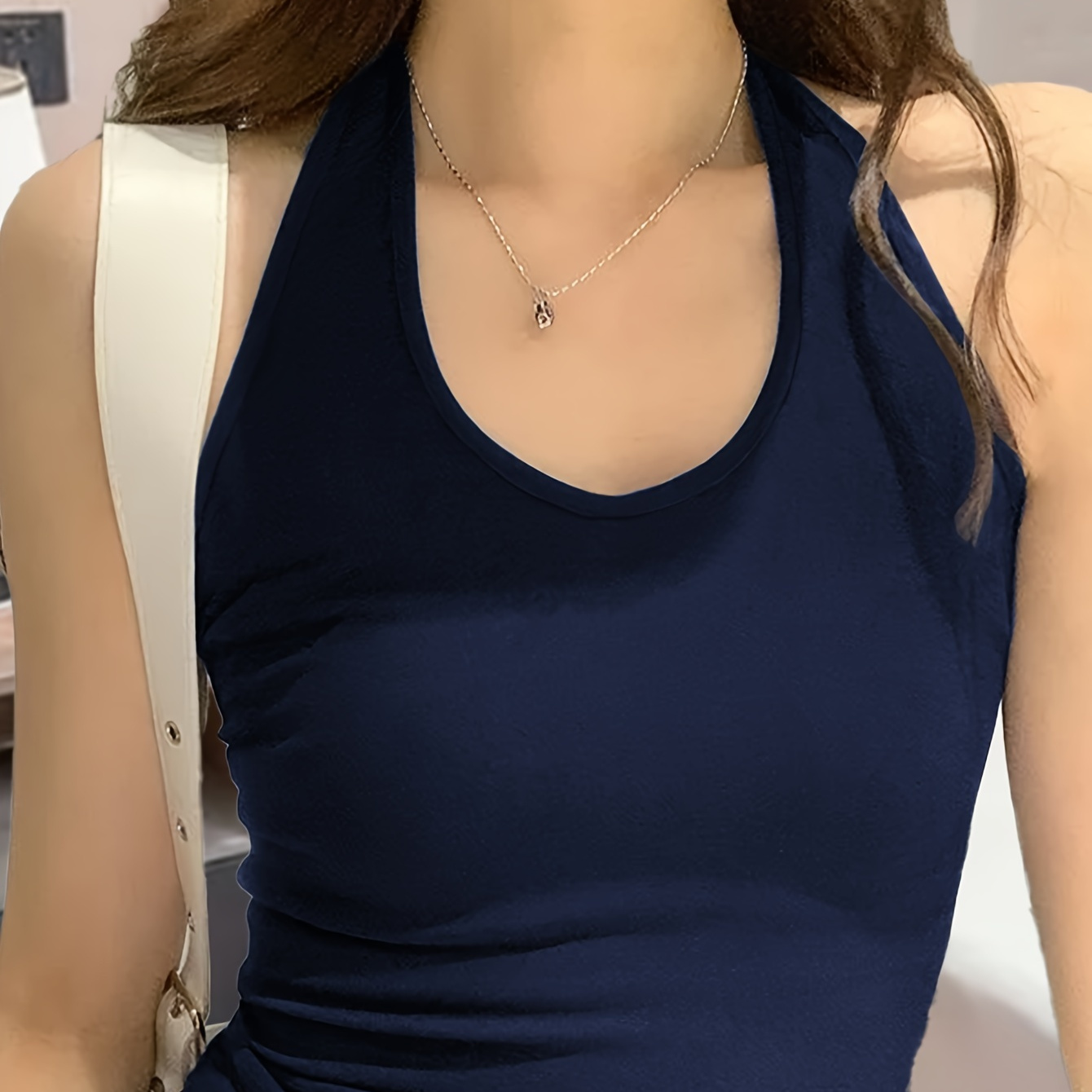 

Solid Color Tie Backless Halter Top, Casual Sleeveless Slim Top, Women's Clothing