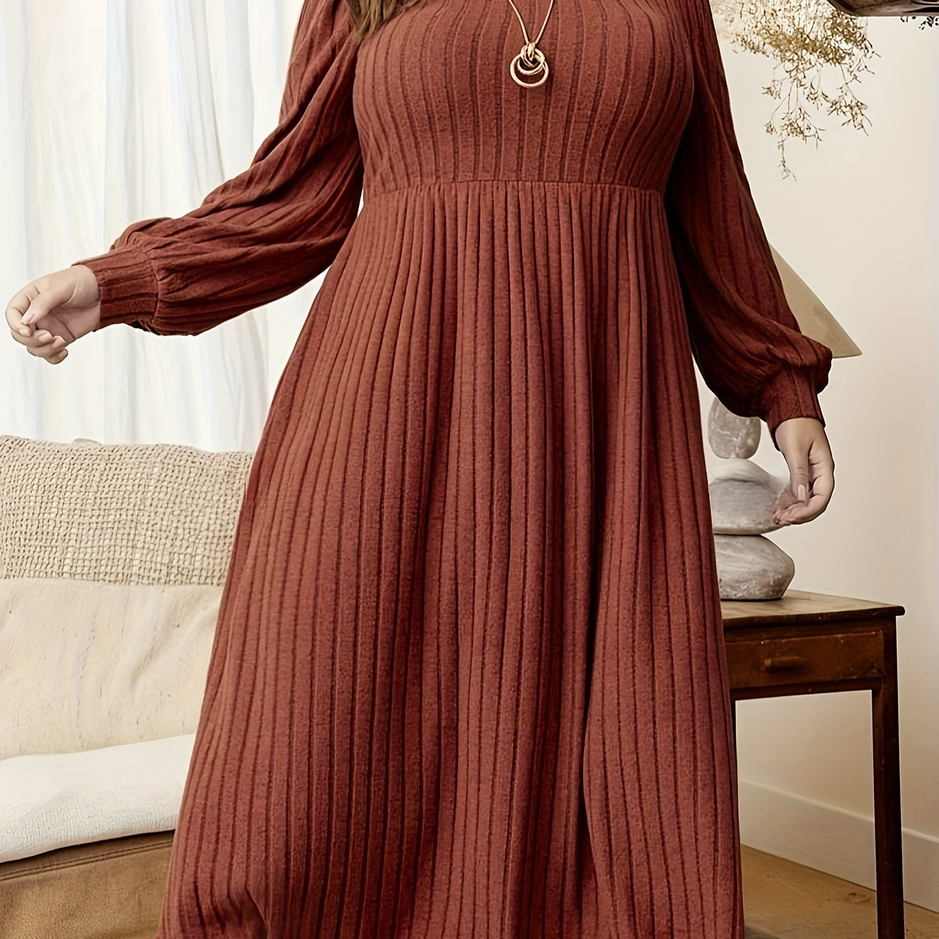 

Plus Size Solid Ribbed Cinched Waist Mid Dress, Elegant Long Sleeve Crew Neck Dress For Spring & Fall, Women's Plus Size Clothing