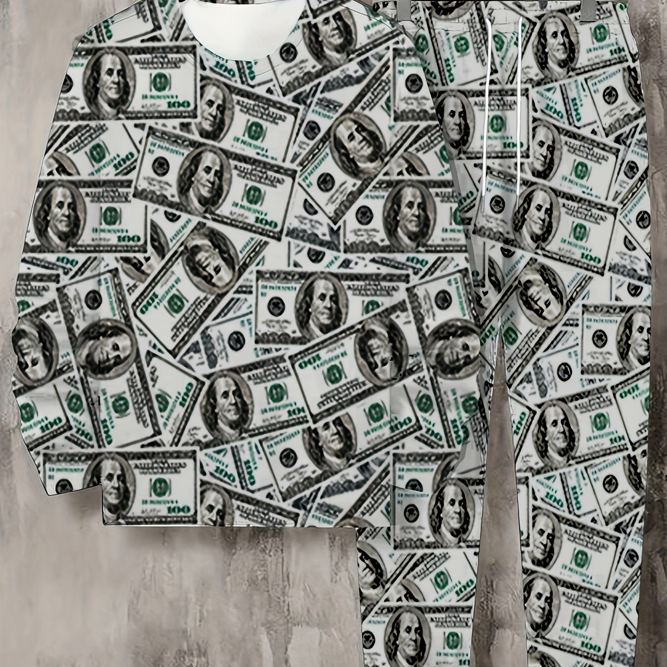 Plus Size Men's Dollars Graphic Print Sweatshirt & Sweatpants Set For Fall Winter, Men's Clothing