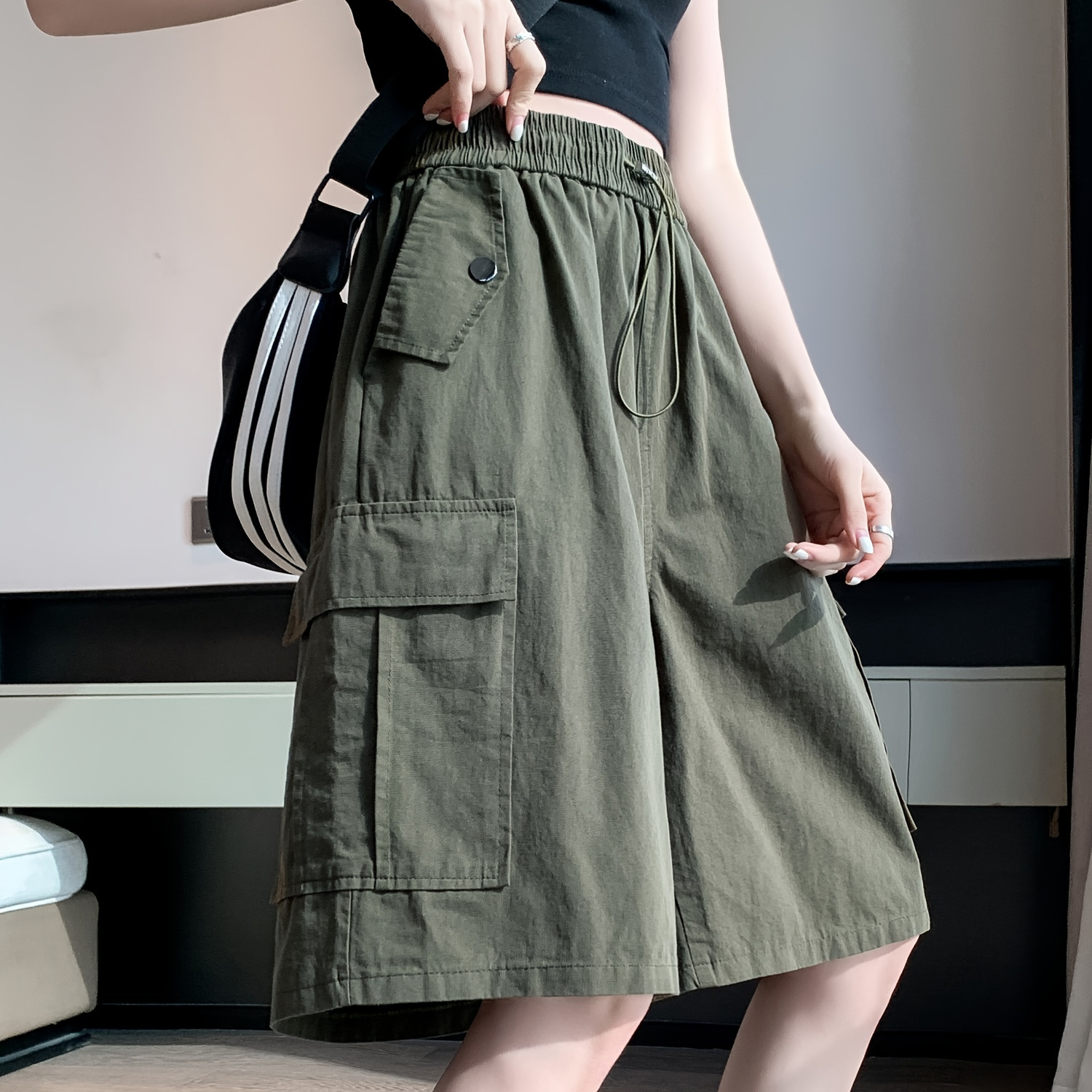 

Women's Plus Size Wide Leg Bermuda Cargo Shorts With Flap Pockets - Comfortable Elastic Waist Drawstring, Stretch Polyester Fabric, Solid Color, Casual Style For Summer - Womens Loose Fit Clothing