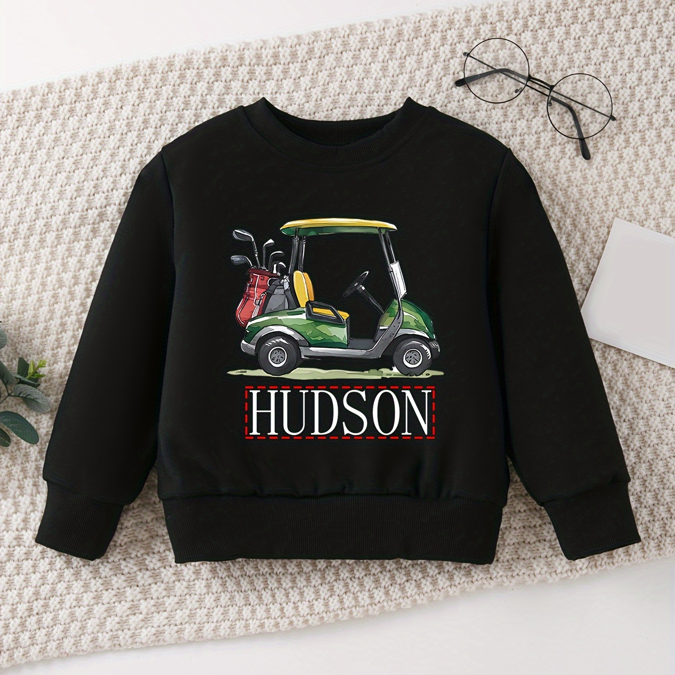 

Custom Name & Golf Cart Print Boys' Sweatshirt - Comfy Casual Crew Neck Pullover For , Machine Washable