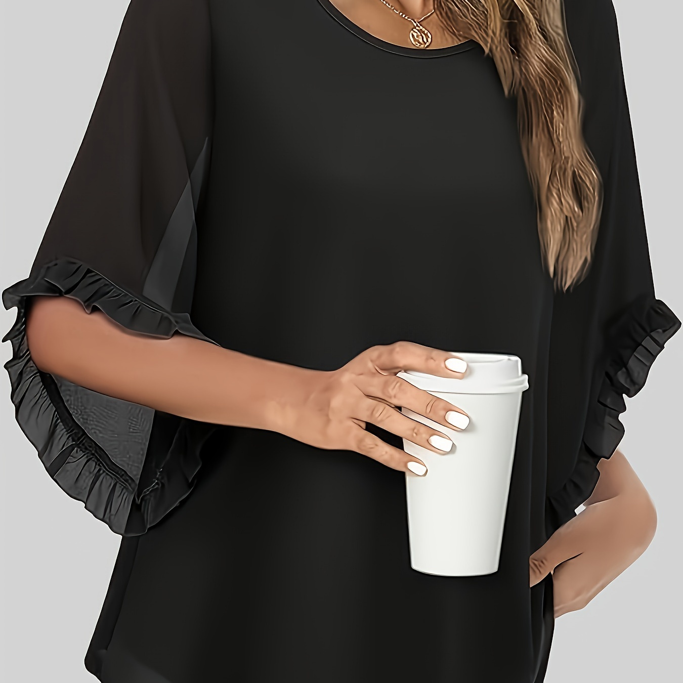 

Solid Color Crew Neck Blouse, Casual Ruffle Trim Half Illusion Sleeve Top For Spring & Summer, Women's Clothing