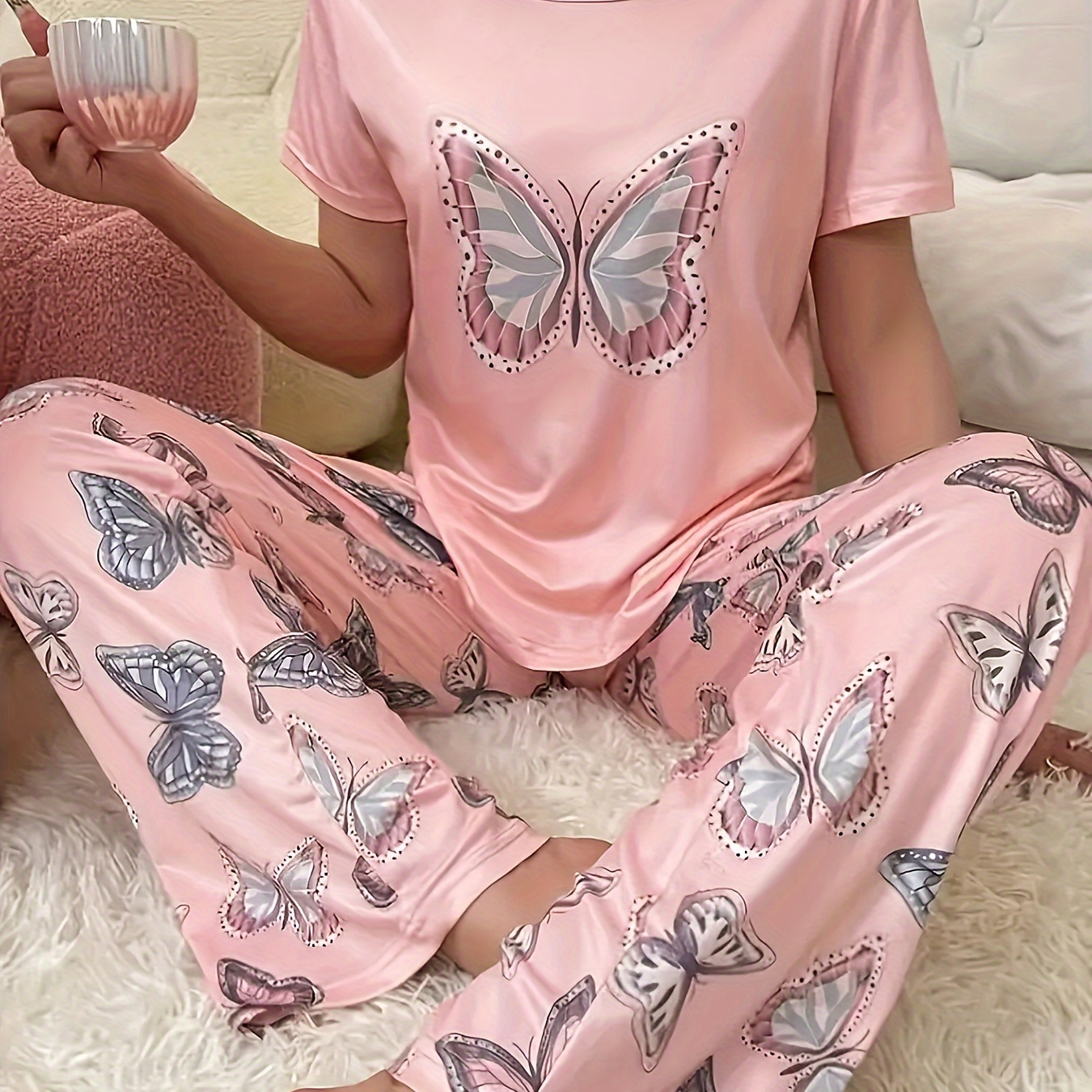 

Ensemble de pyjama papillon décontracté pour femme - Tissu tricoté en polyester, col rond, confort pour toutes les saisons, vêtement de nuit pour adulte avec design de motif papillon