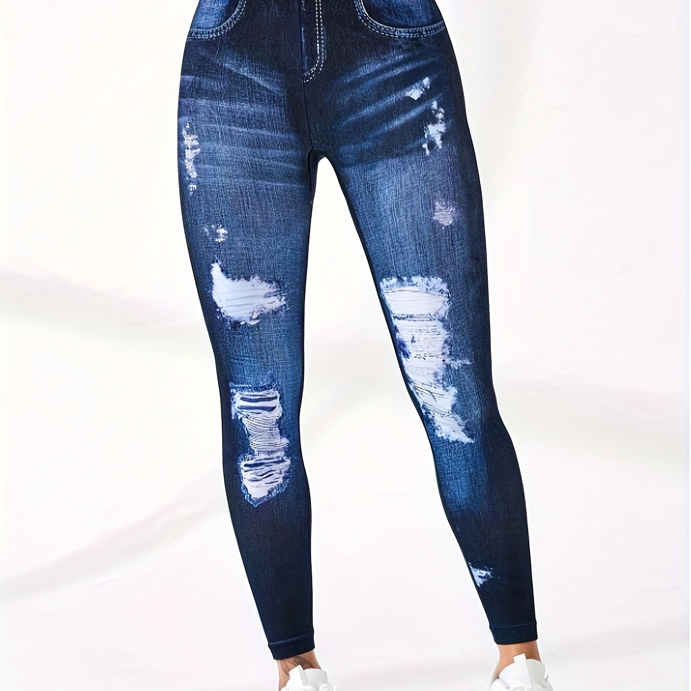 

Faux Denim Print High Waist Leggings, Casual Skinny Stretchy Leggings For Every Day, Women's Clothing