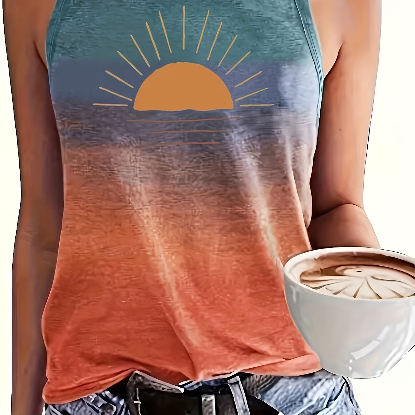 

Sun Print Crew Neck Tank Top, Casual Sleeveless Tank Top For Summer, Women's Clothing