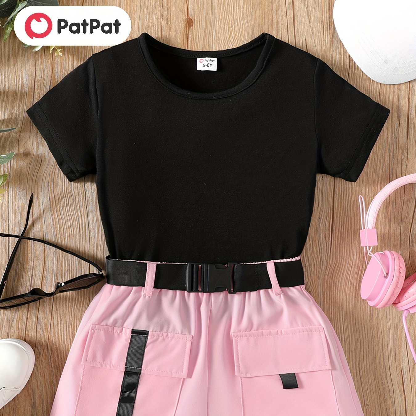 

Patpat 2pcs Kid Girl Short-sleeve Tee And Pocket Design Belted Shorts Set