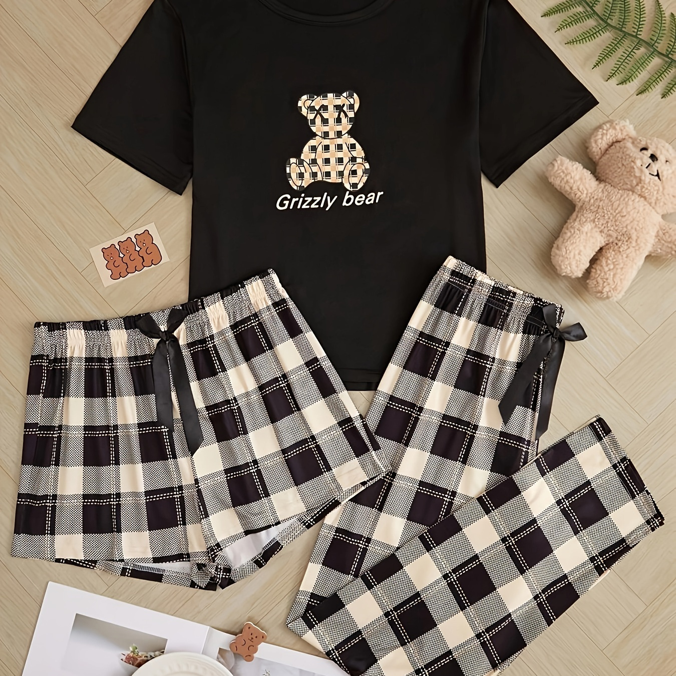 

-piece Pajama Set With Slogan And Short Sleeve And Shorts And Pants