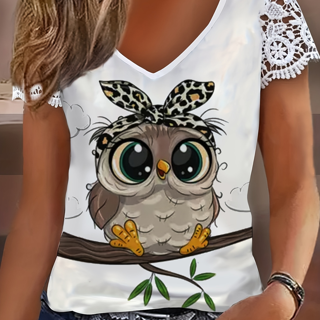 

Cartoon Eagle Print V Neck T-shirt, Casual Lace Stitching Short Sleeve Top For Spring & Summer, Women's Clothing